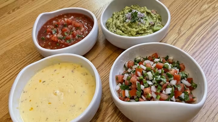 Four Palada bowls filled with salsa, guacamole, queso, and pico de gallo on a wood table